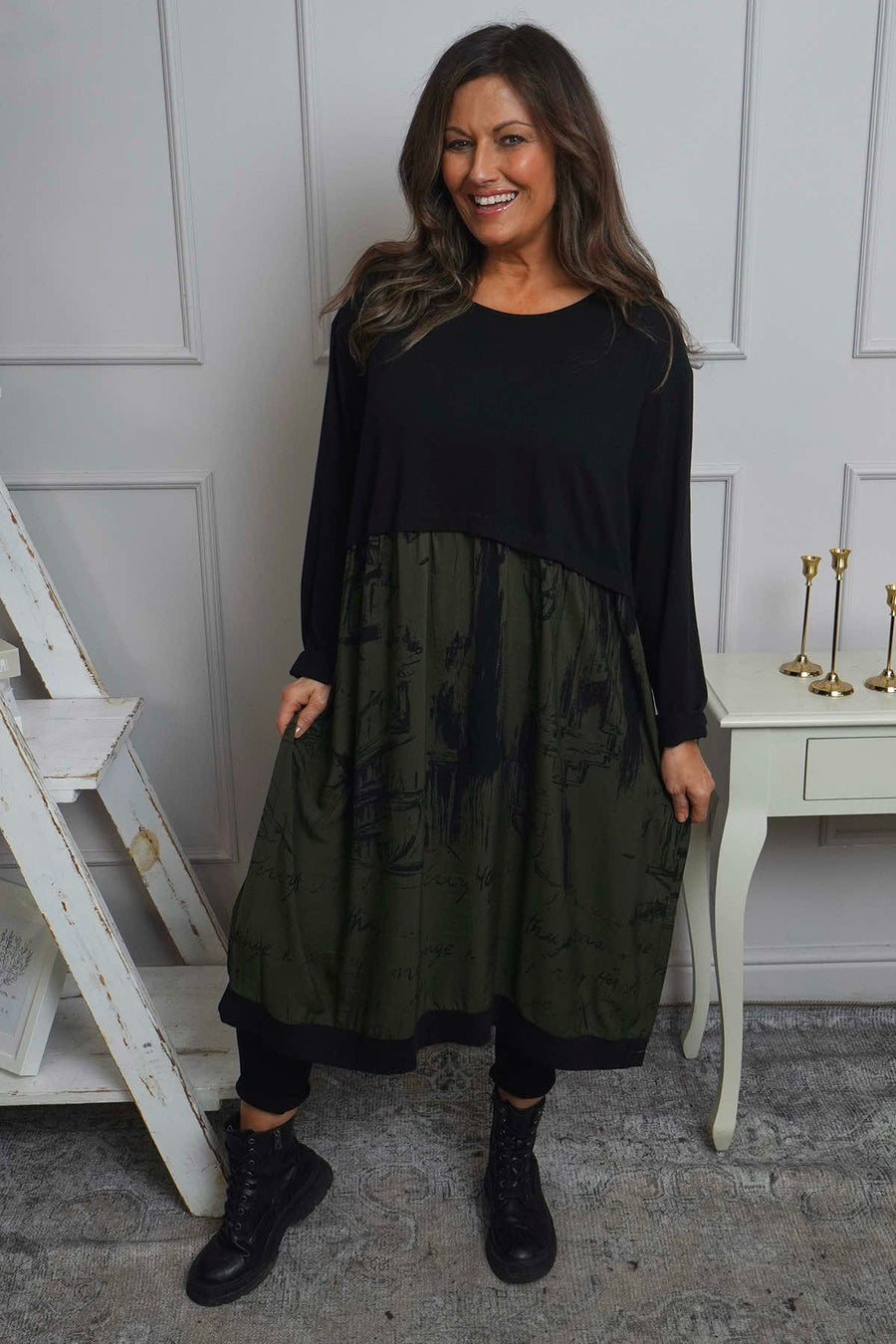 Janette Print Cotton Dress Khaki