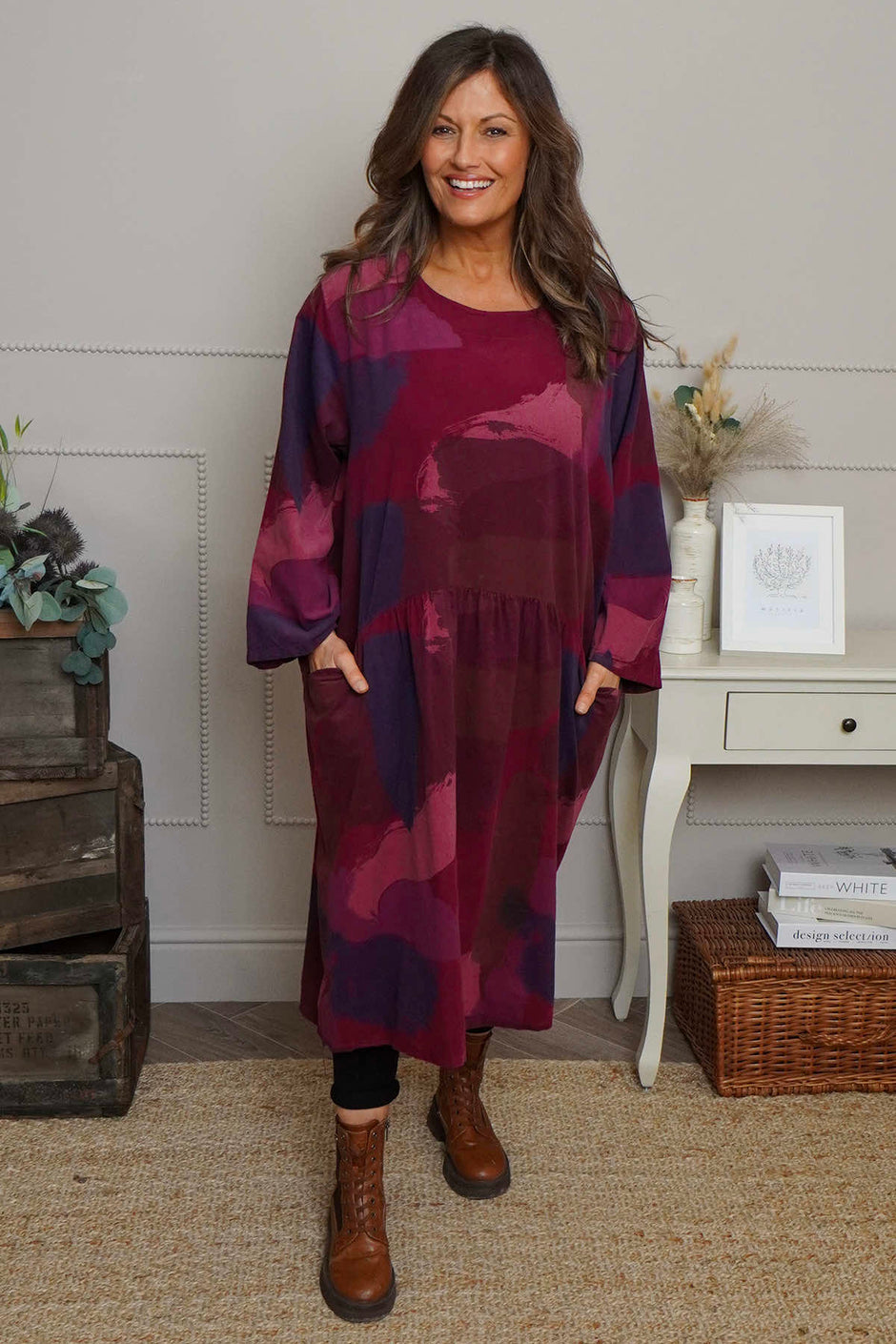 Dreda Print Needlecord Dress Burgundy