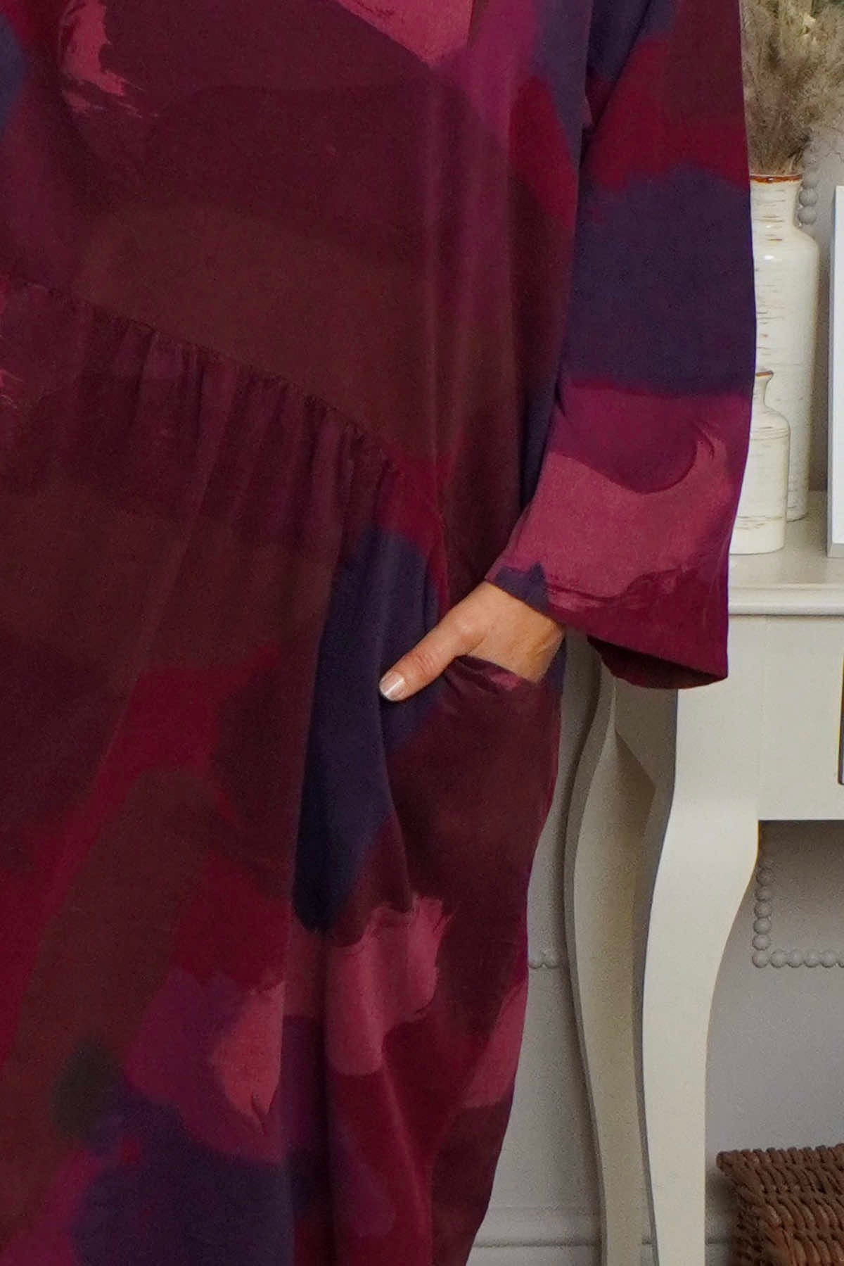 Dreda Print Needlecord Dress Burgundy