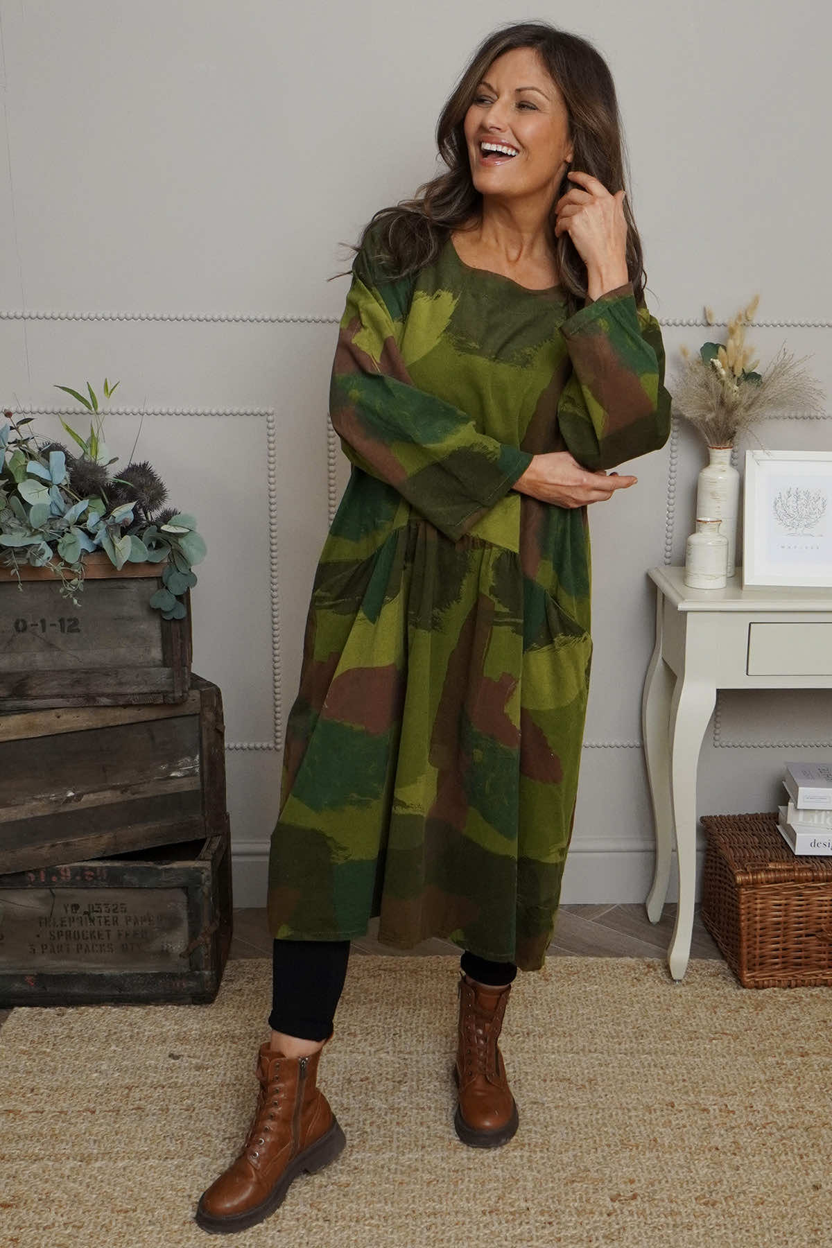 Dreda Print Needlecord Dress Olive