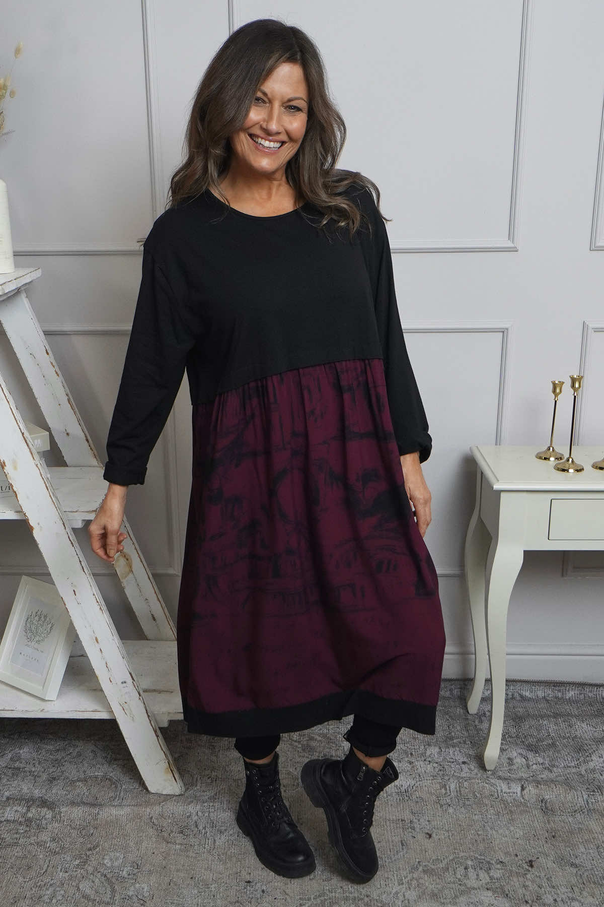 Janette Print Cotton Dress Burgundy