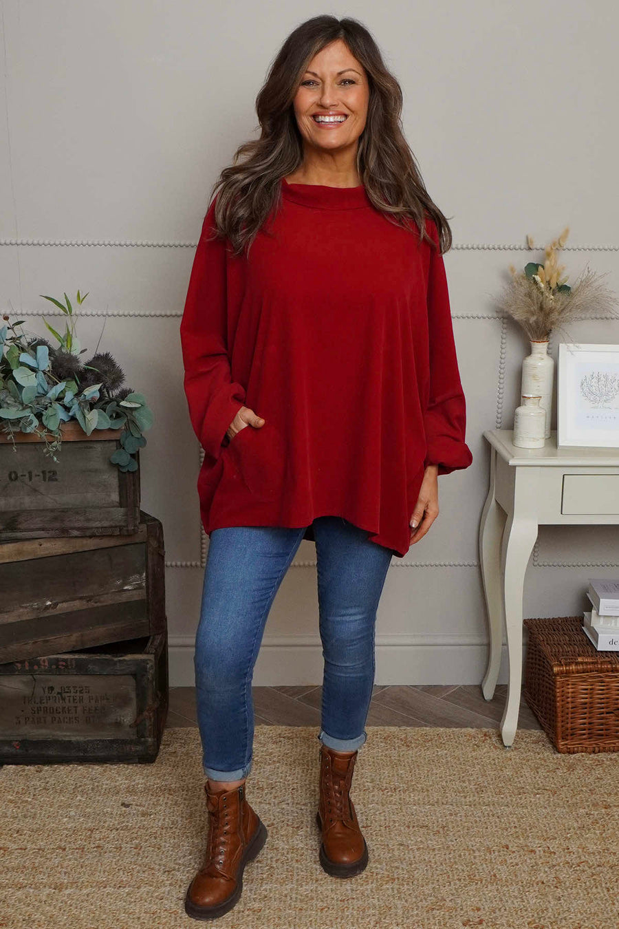 Rhianna Cowl Needlecord Top Red