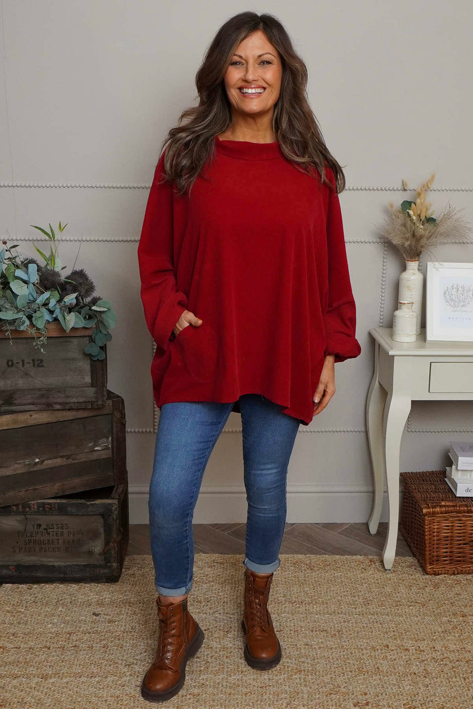 Rhianna Cowl Needlecord Top Red