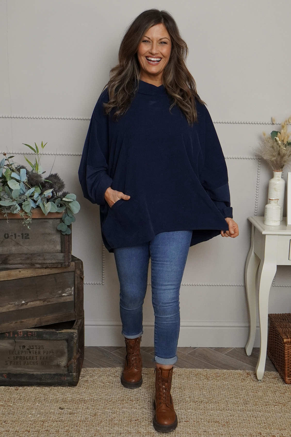 Rhianna Cowl Needlecord Top Navy