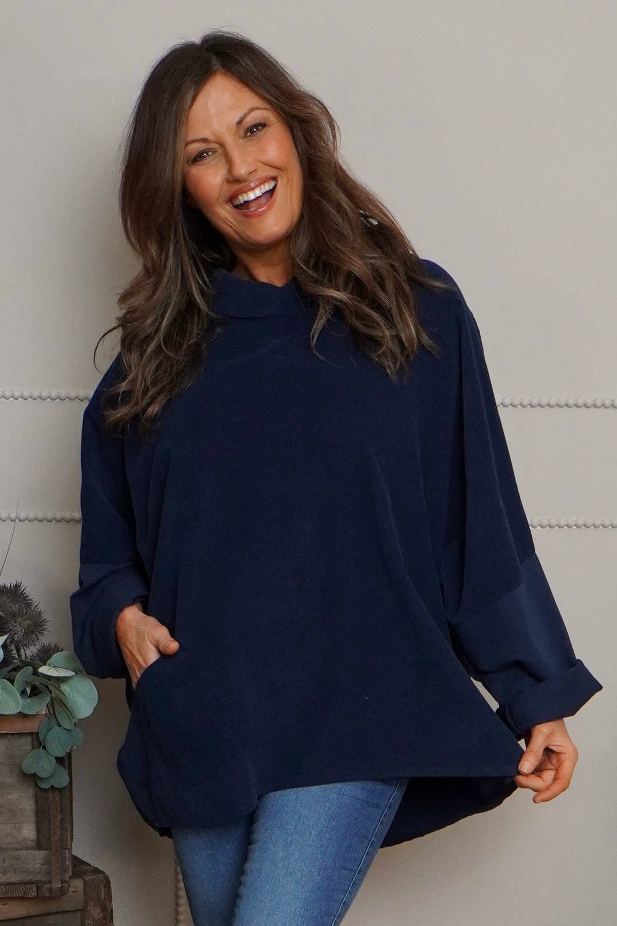 Rhianna Cowl Needlecord Top Navy