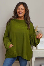 Rhianna Cowl Needlecord Top Olive Olive - Rhianna Cowl Needlecord Top Olive