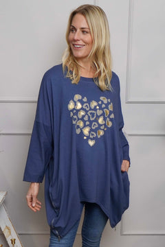 Evette Heart Cotton Top Dark Blue