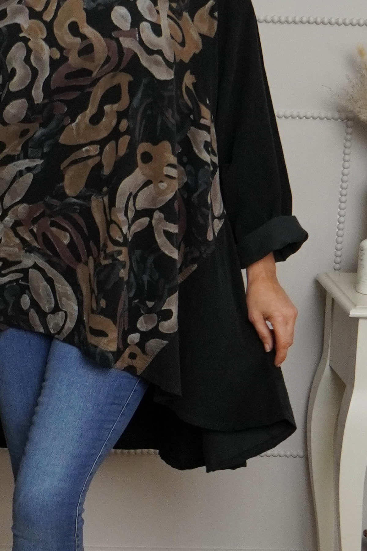 Kacey Print Needlecord Top Black