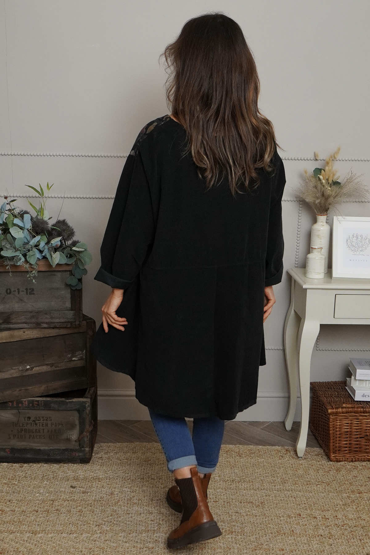 Kacey Print Needlecord Top Black