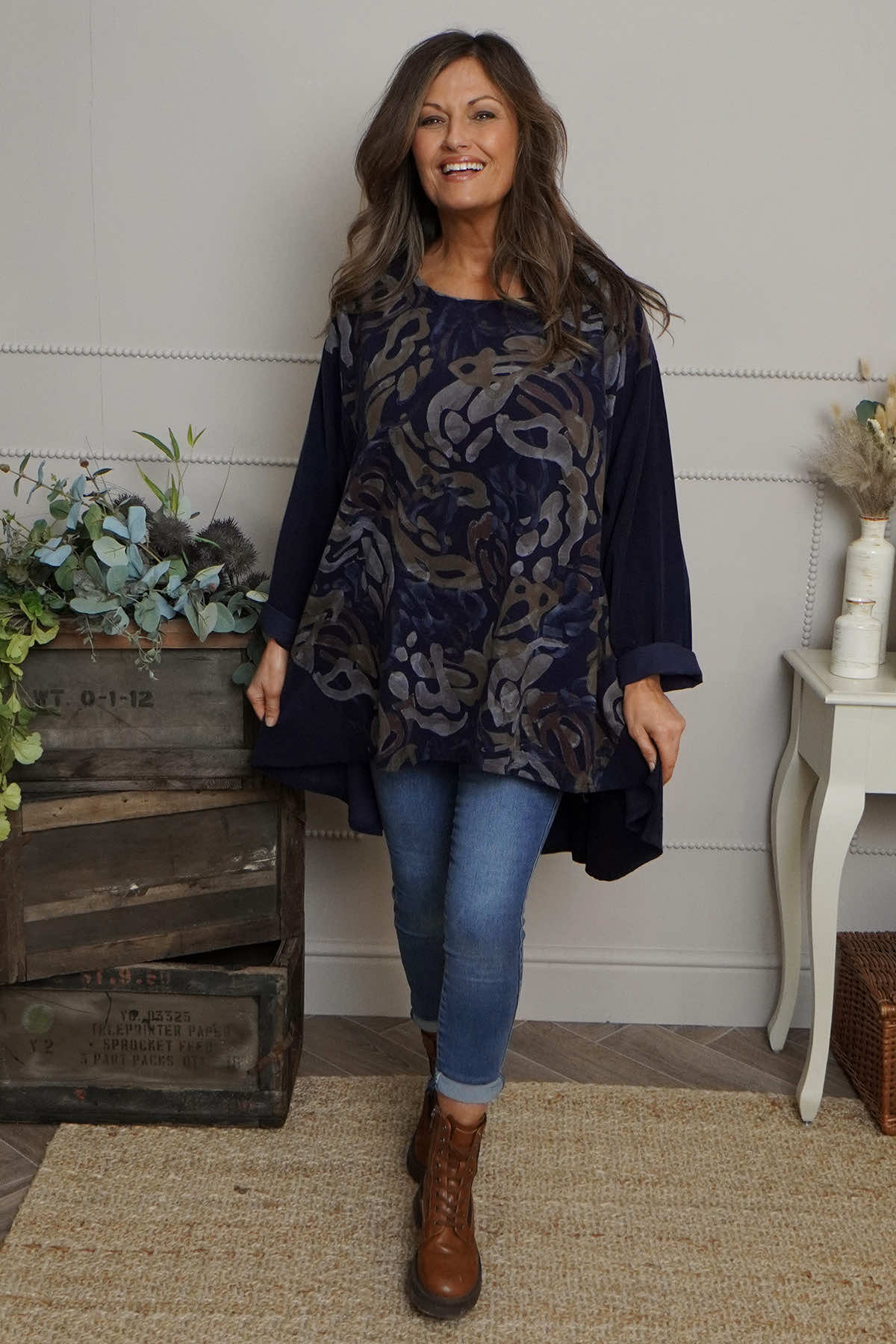 Kacey Print Needlecord Top Navy
