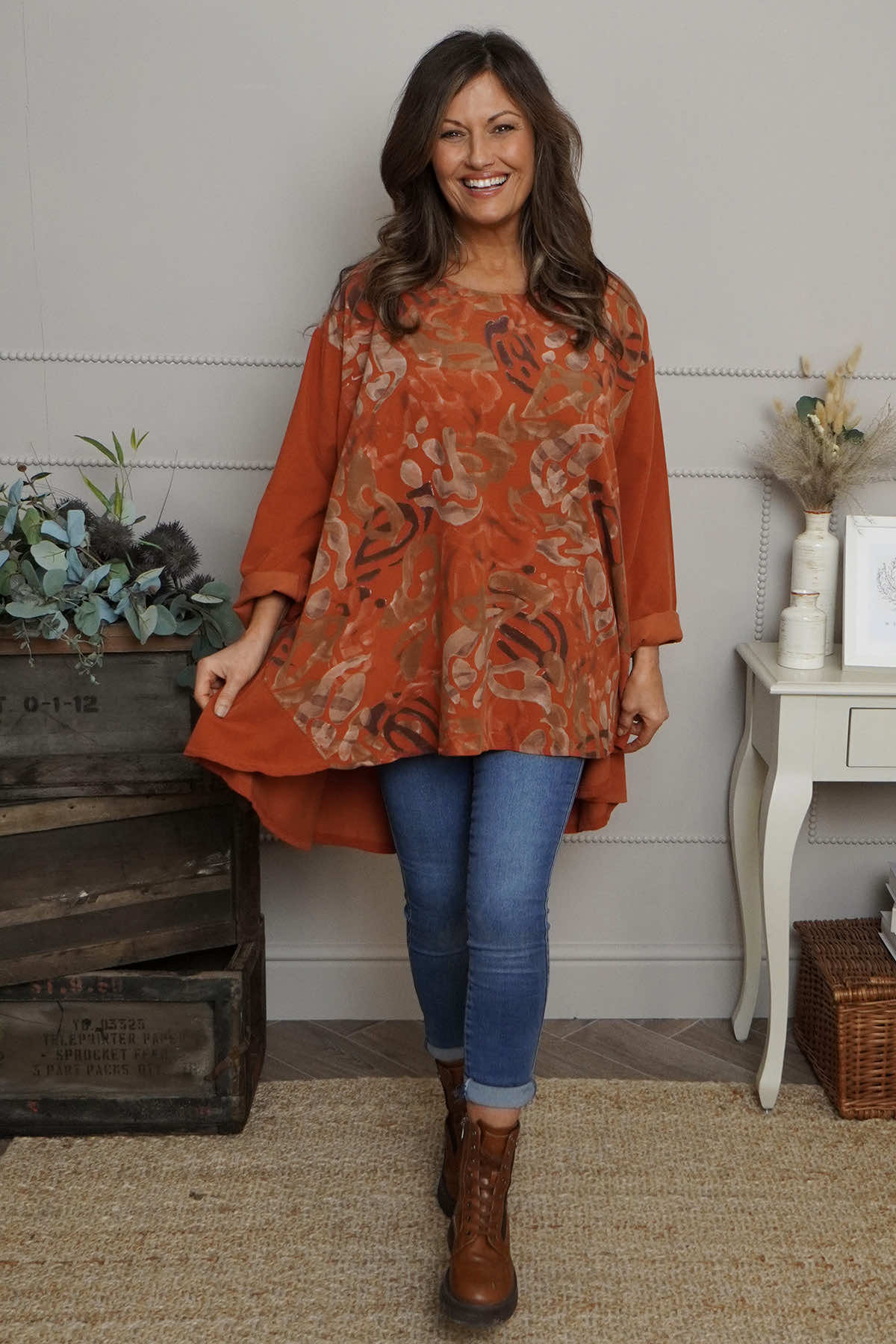 Kacey Print Needlecord Top Burnt Orange