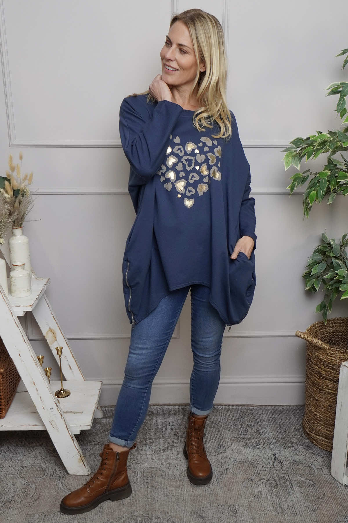 Evette Heart Cotton Top Navy