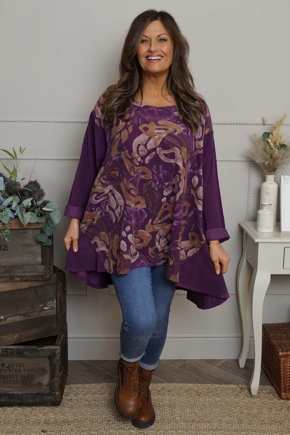Kacey Print Needlecord Top Purple