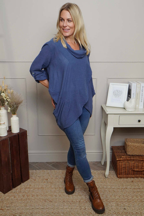 Beulah Cowl Neck Cotton Top Dark Blue - Image 2