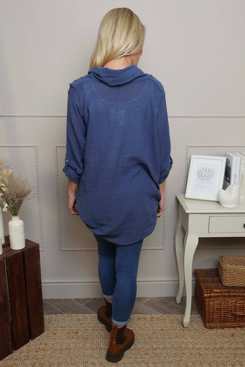 Beulah Cowl Neck Cotton Top Dark Blue - Image 4