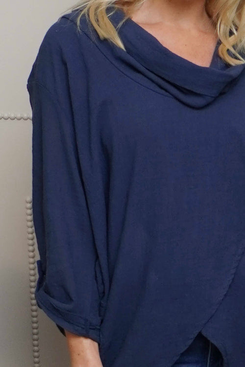 Beulah Cowl Neck Cotton Top Navy - Image 3