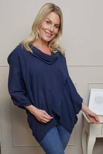 Beulah Cowl Neck Cotton Top Navy Navy - Beulah Cowl Neck Cotton Top Navy