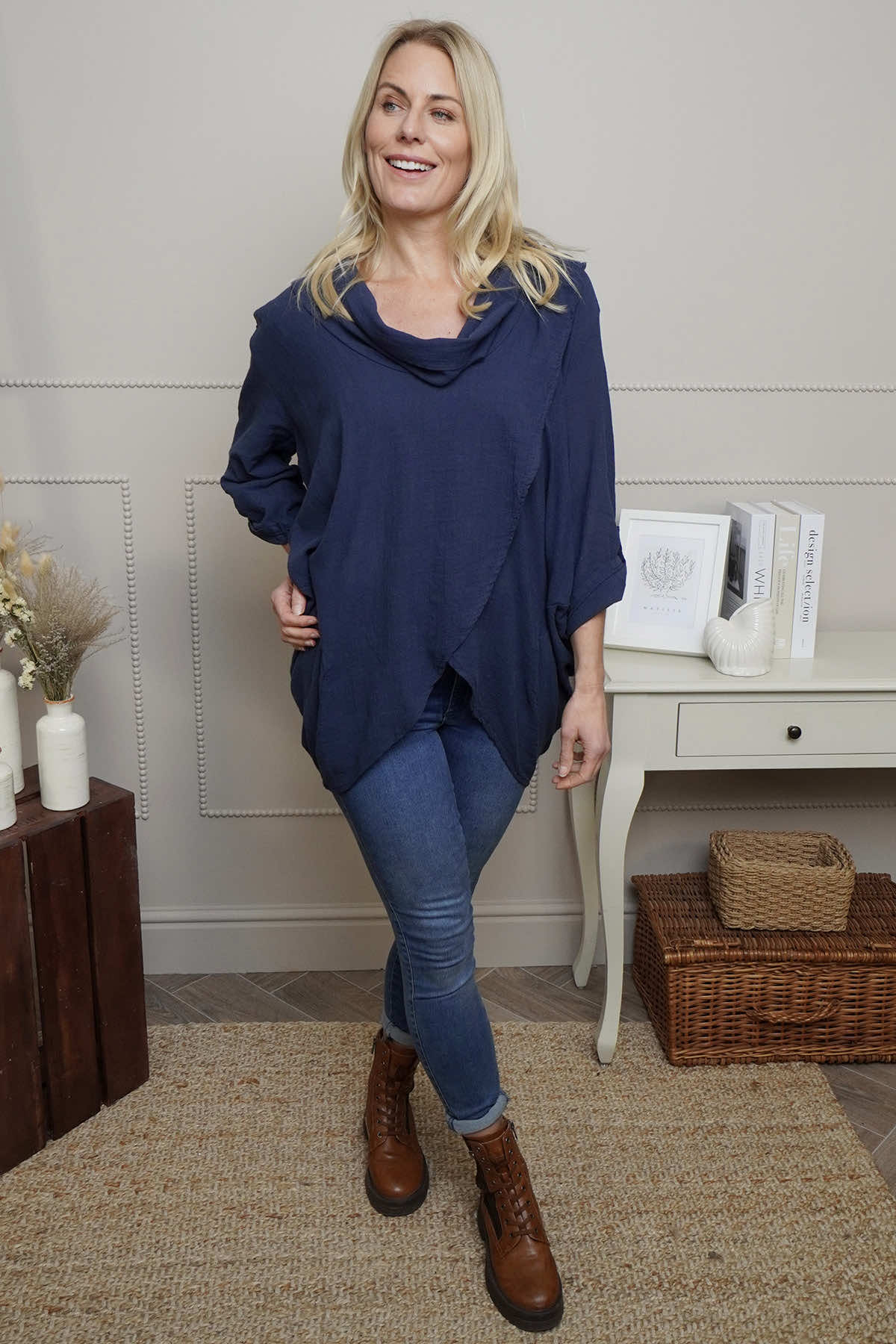 Beulah Cowl Neck Cotton Top Navy