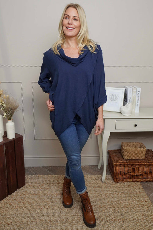 Beulah Cowl Neck Cotton Top Navy - Image 2