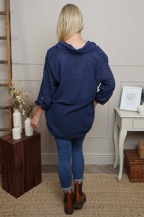Beulah Cowl Neck Cotton Top Navy - Image 4