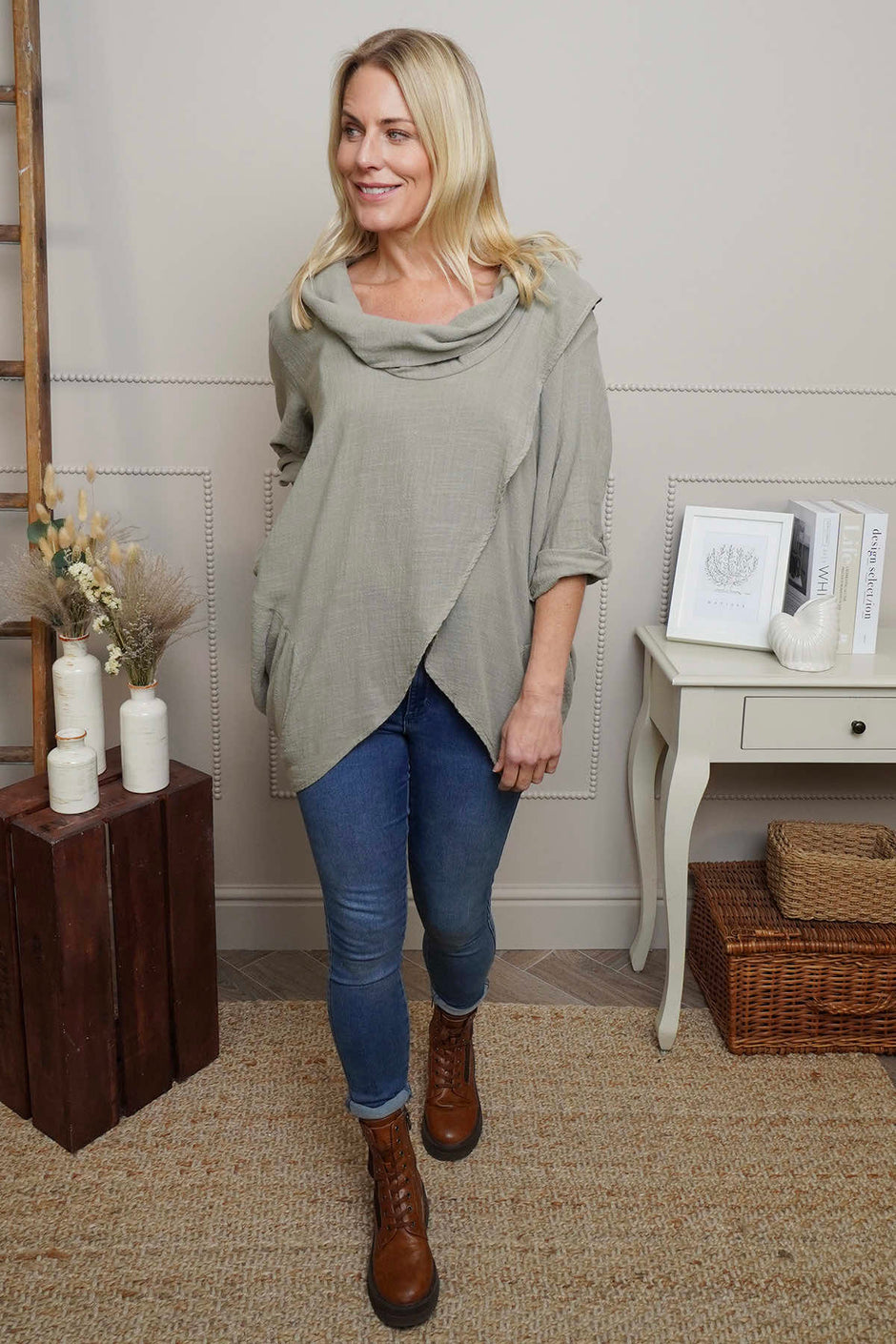 Beulah Cowl Neck Cotton Top Mocha