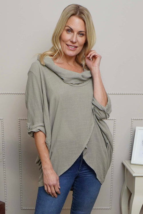 Beulah Cowl Neck Cotton Top Mocha - Image 2