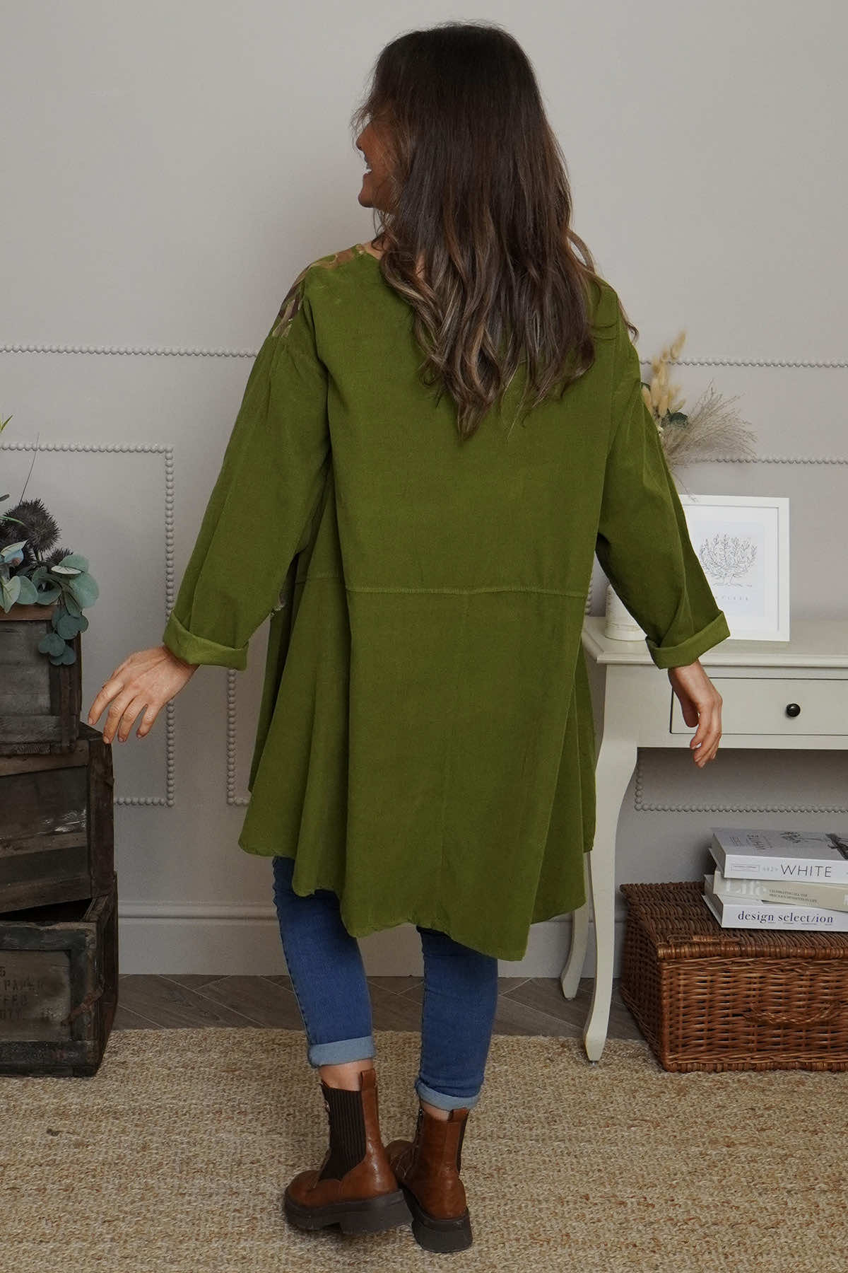 Kacey Print Needlecord Top Olive