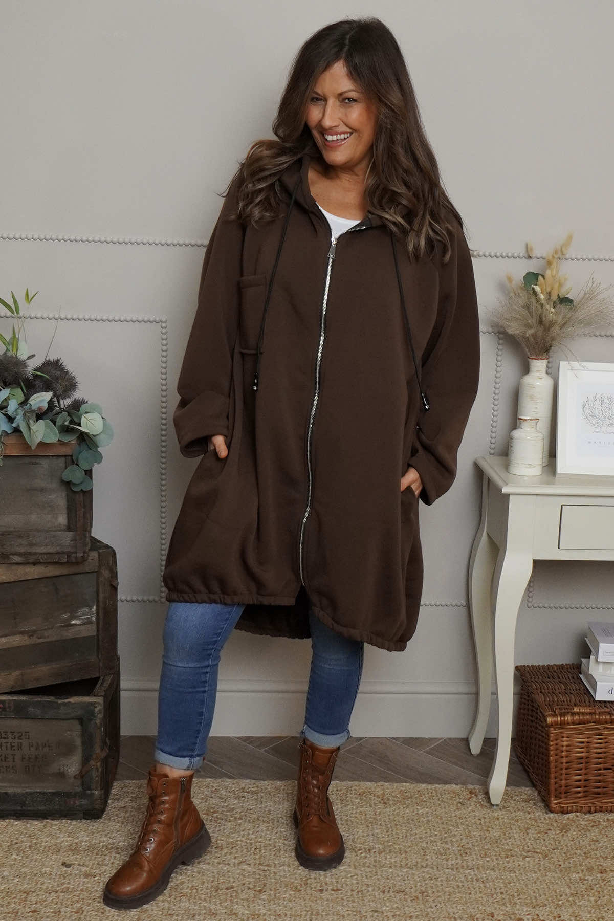Emelina Zip Hooded Cotton Jacket Cocoa