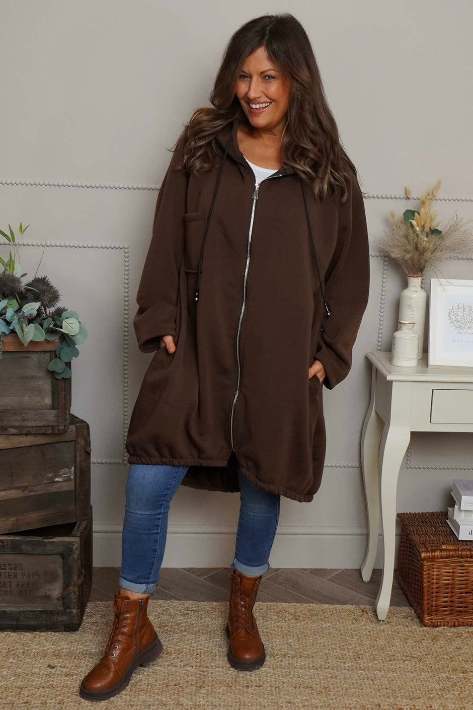 Emelina Zip Hooded Cotton Jacket Cocoa