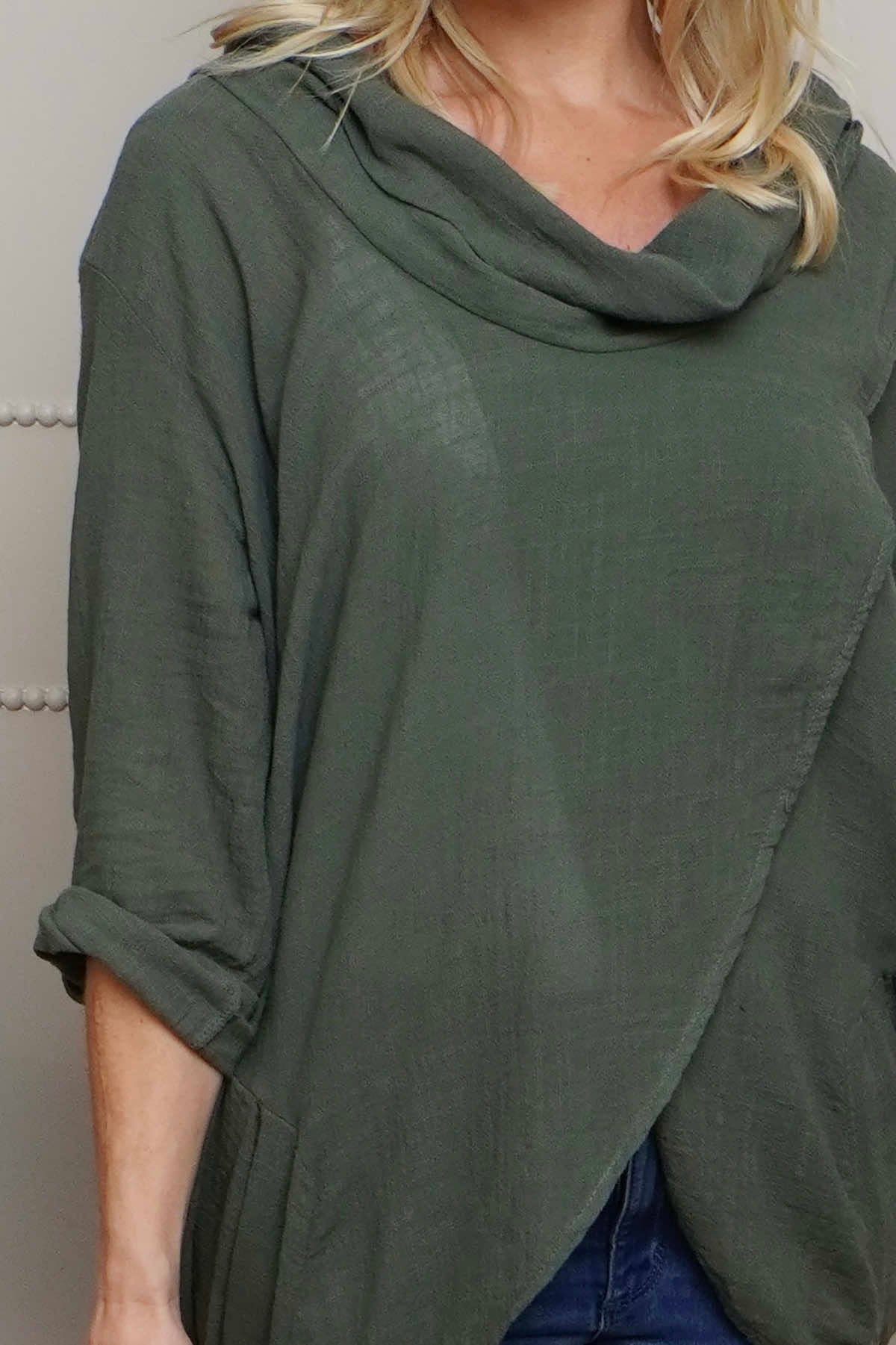 Beulah Cowl Neck Cotton Top Khaki