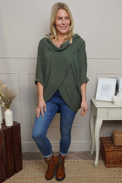 Beulah Cowl Neck Cotton Top Khaki
