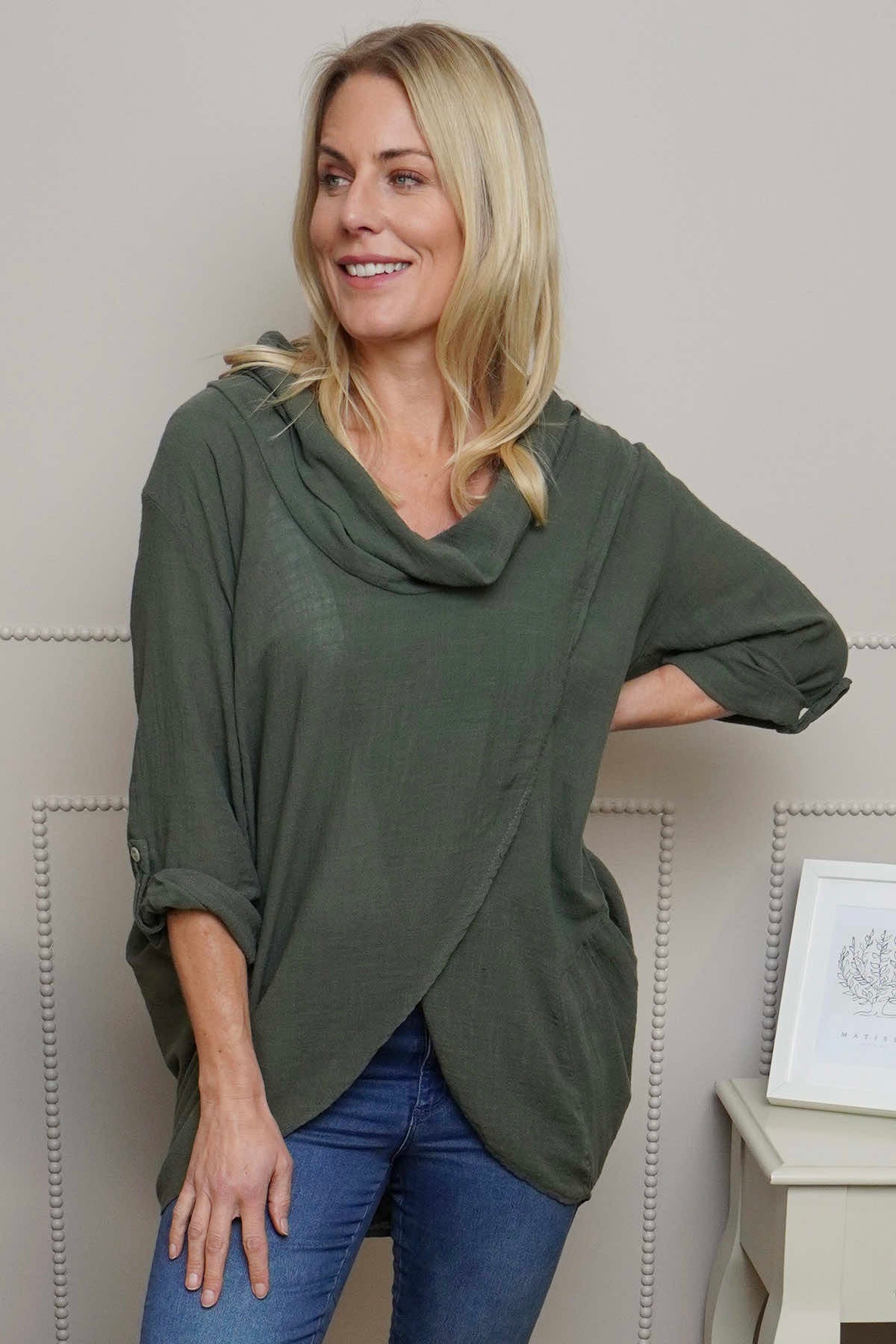 Beulah Cowl Neck Cotton Top Khaki