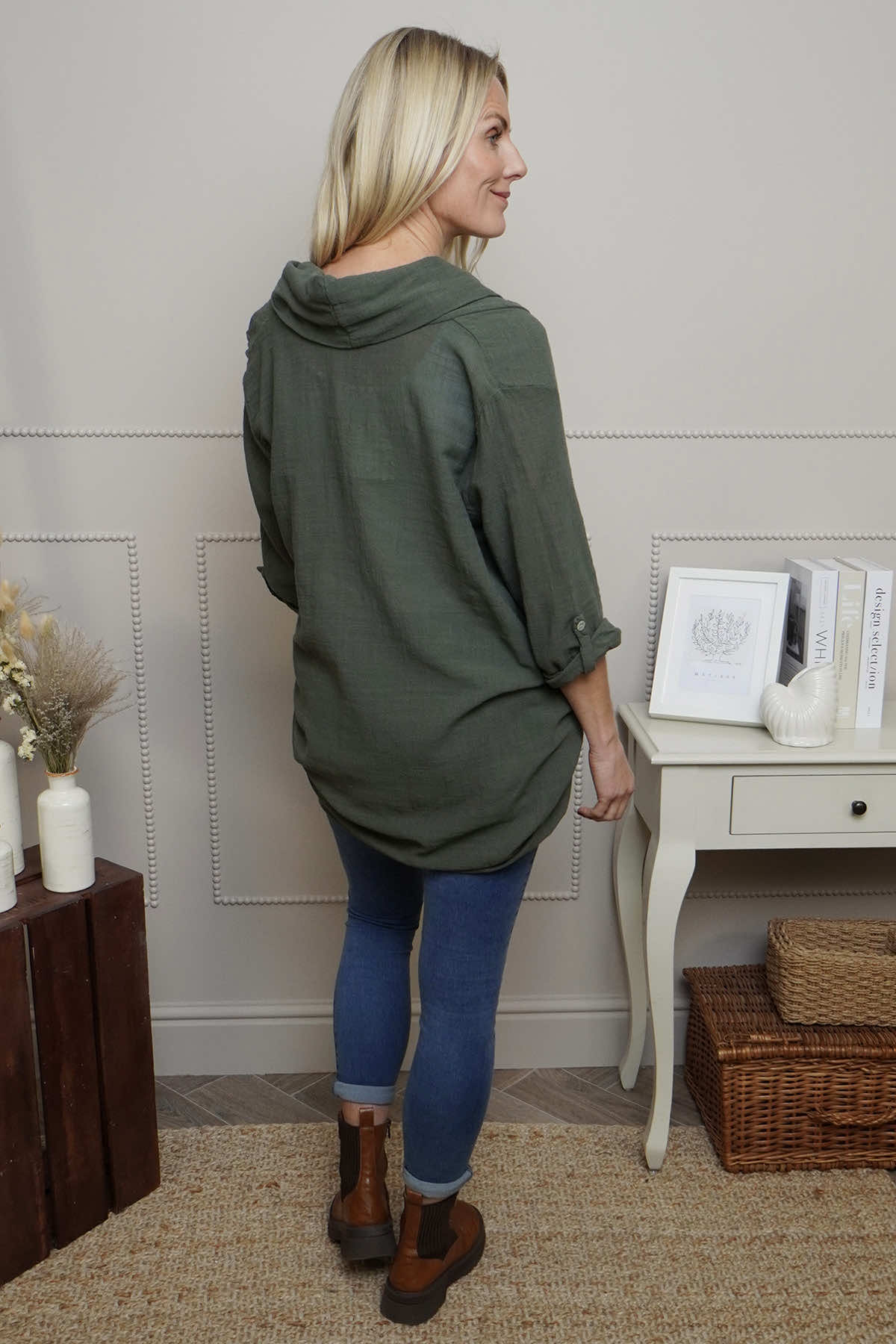 Beulah Cowl Neck Cotton Top Khaki