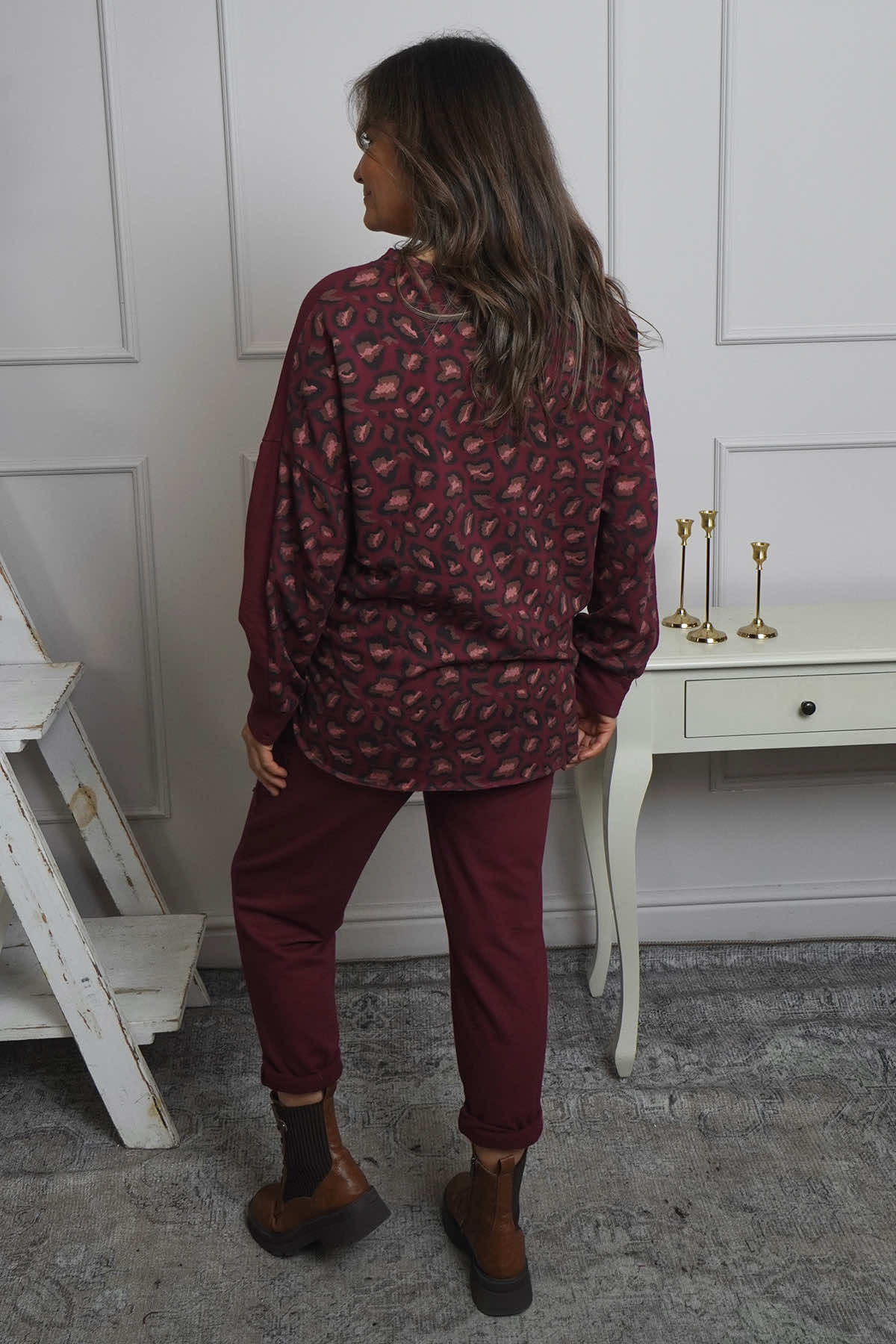 Nicky Leopard Print Cotton Top Burgundy