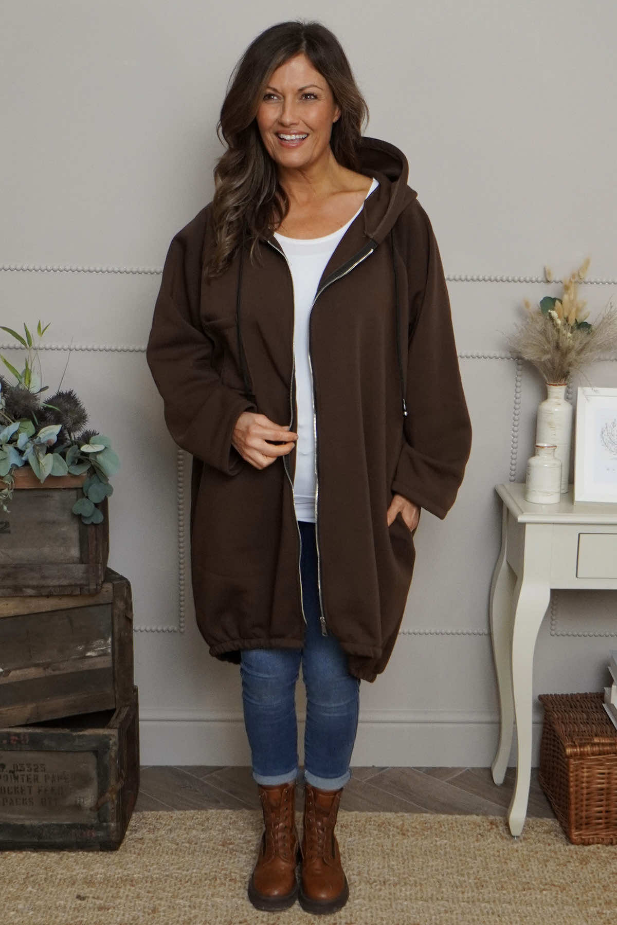 Emelina Zip Hooded Cotton Jacket Cocoa