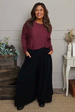 Trish Wide Leg Needlecord Trousers Black