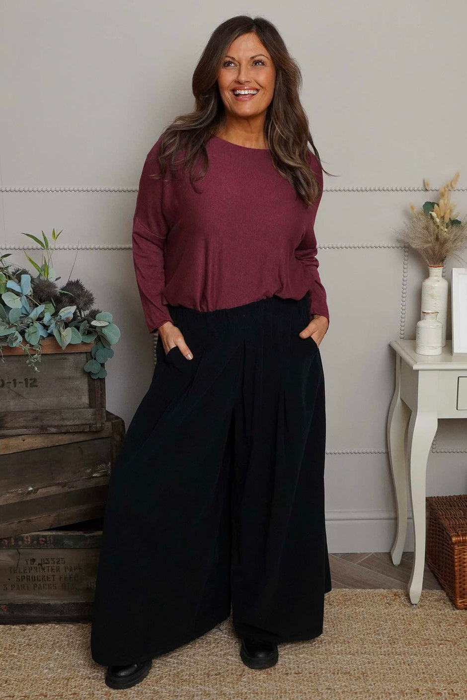 Trish Wide Leg Needlecord Trousers Black