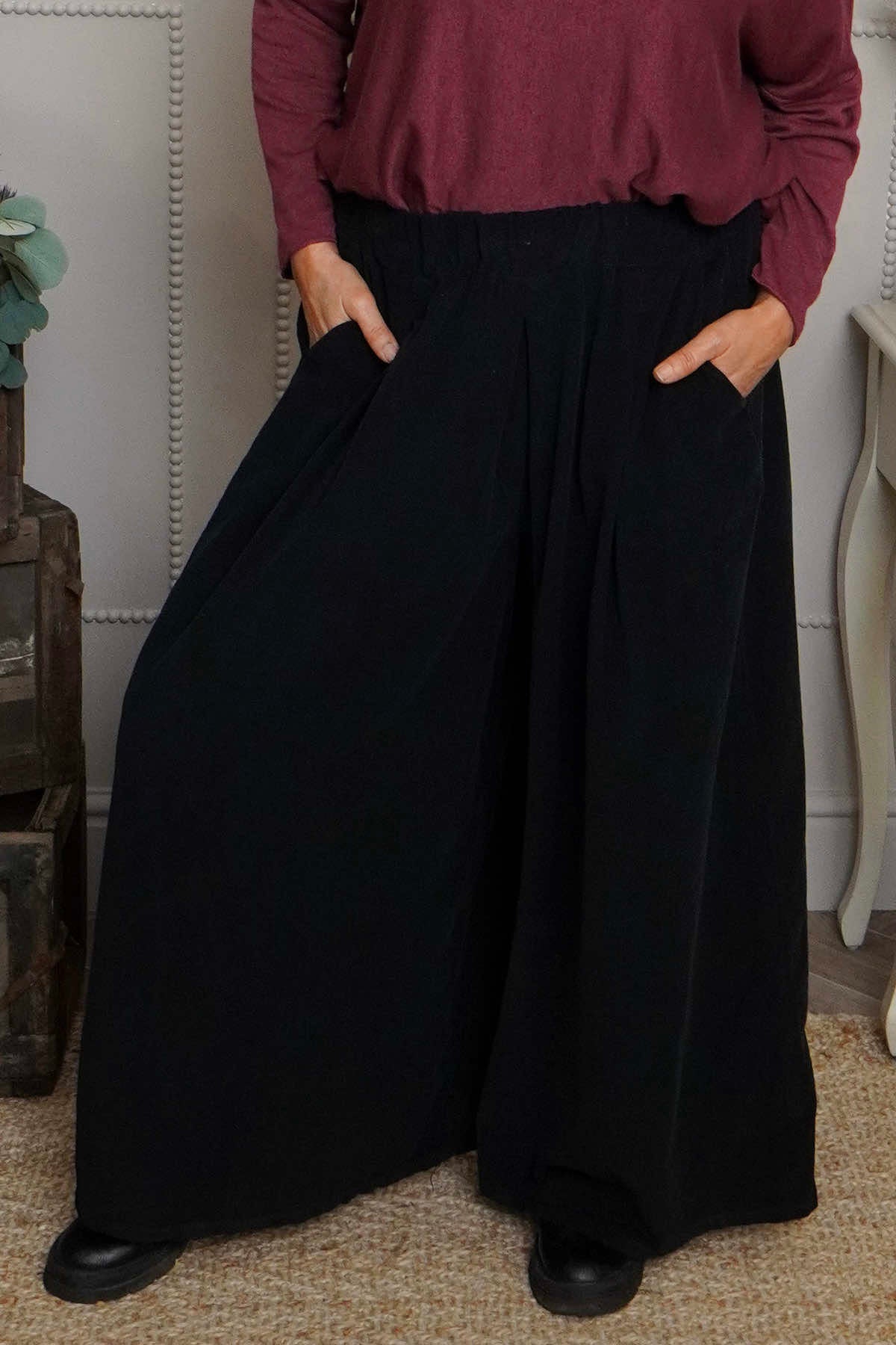 Trish Wide Leg Needlecord Trousers Black