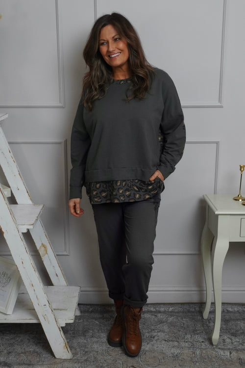 Nicky Leopard Print Cotton Top Mid Grey