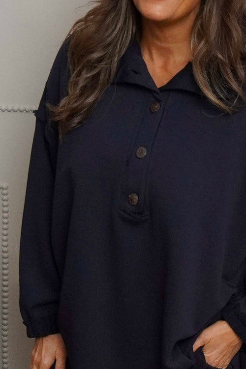 Sybil Button Cotton Sweatshirt Navy - Image 3