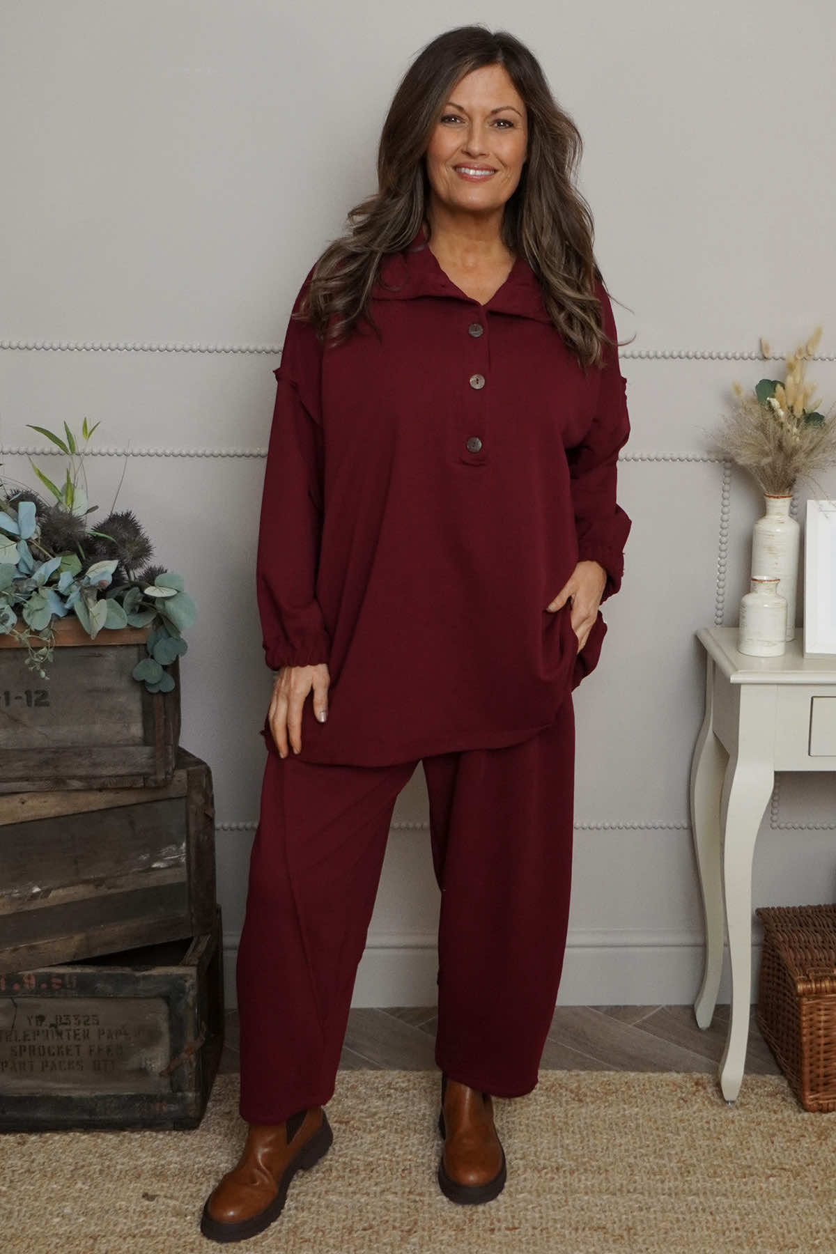 Sybil Button Cotton Sweatshirt Wine