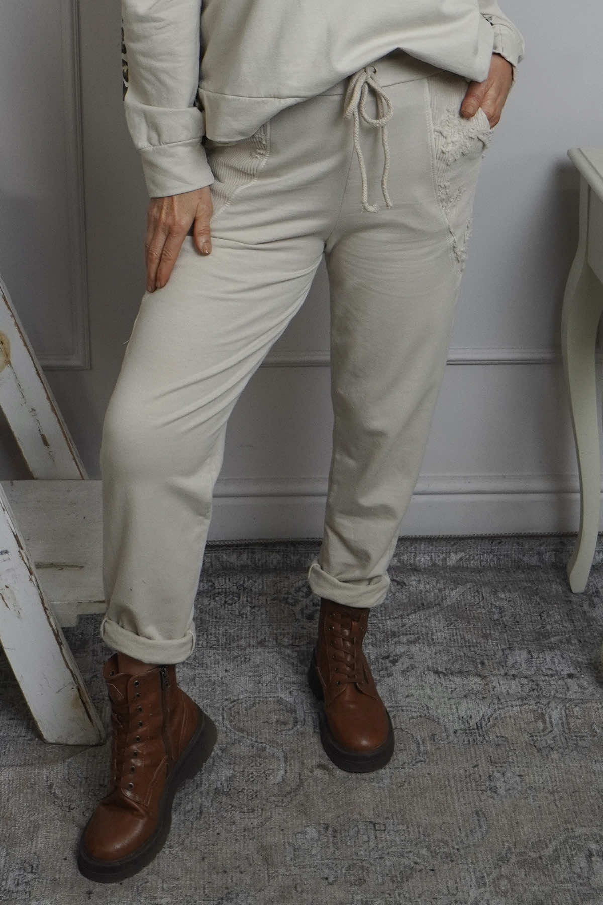 Lina Cord Detail Cotton Joggers Stone