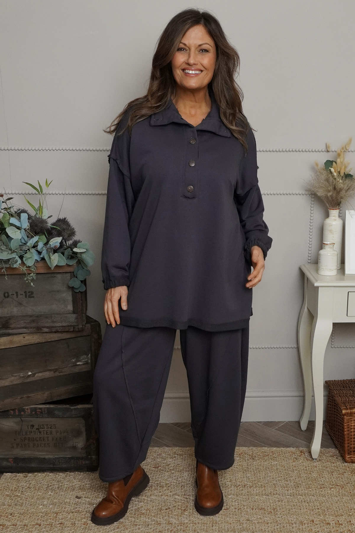 Sybil Button Cotton Sweatshirt Charcoal