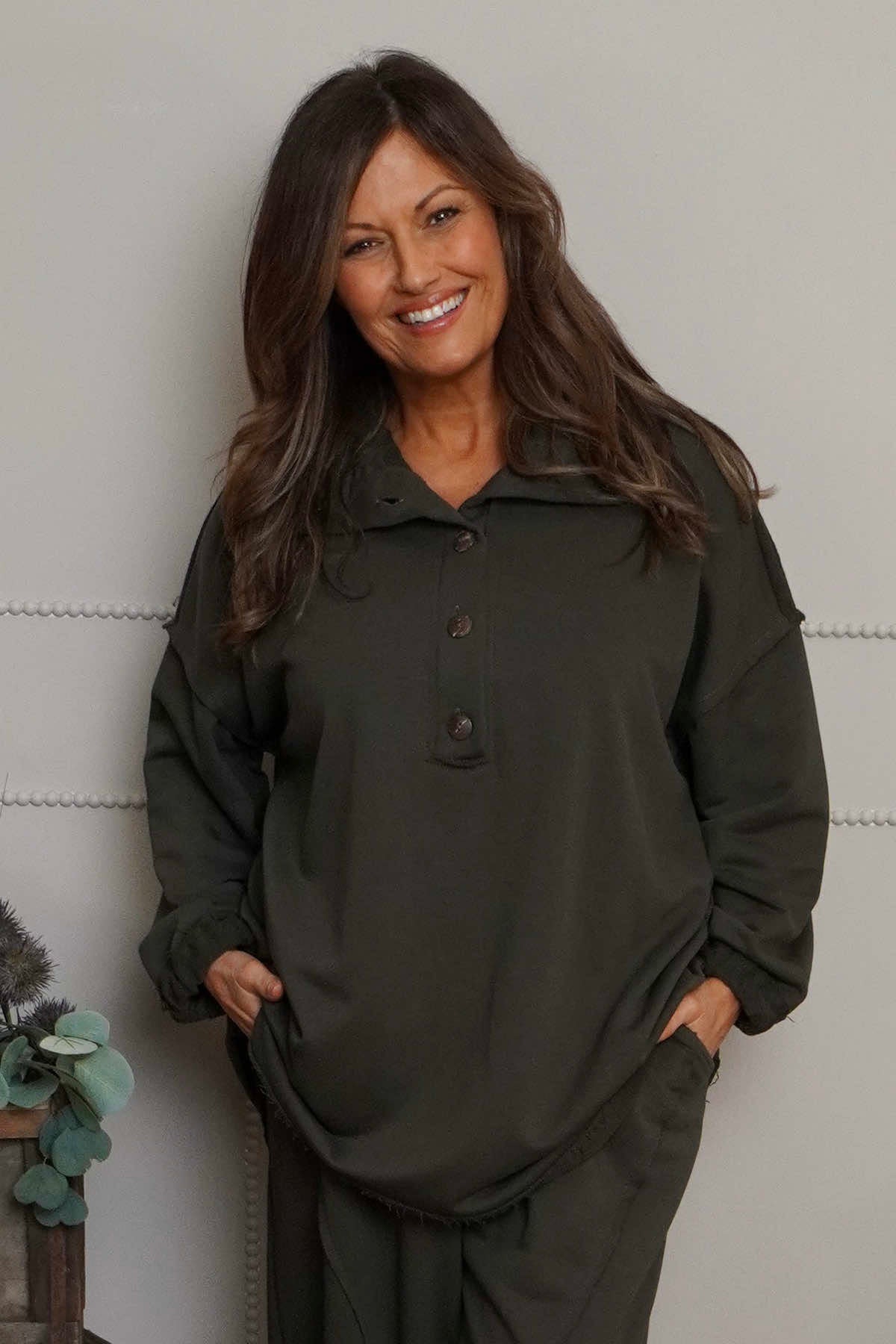 Sybil Button Cotton Sweatshirt Khaki