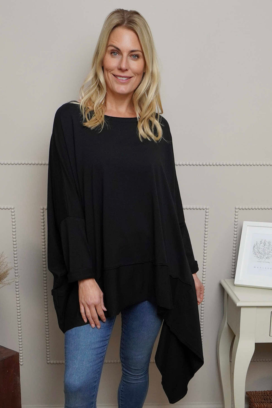 Margie Dip Side Cotton Top Black