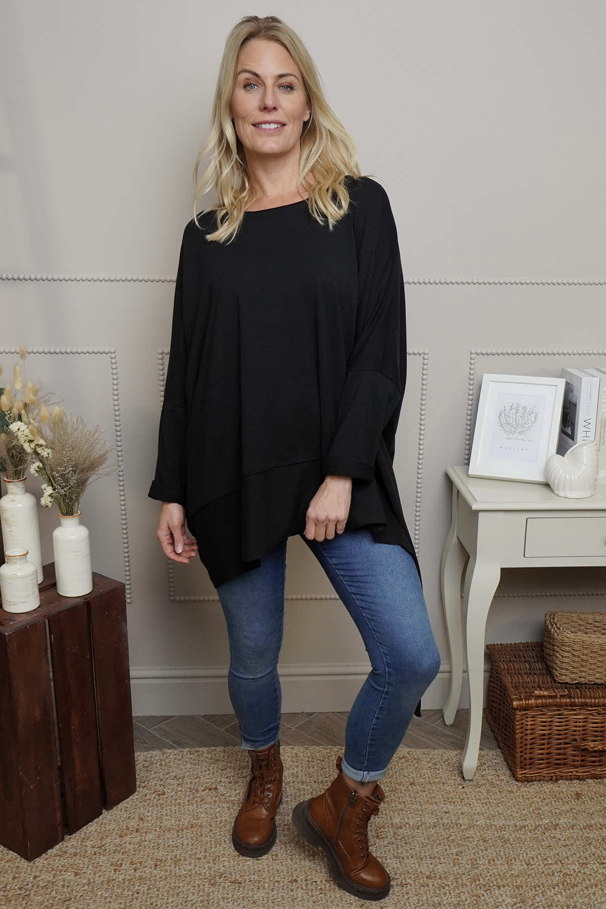 Margie Dip Side Cotton Top Black