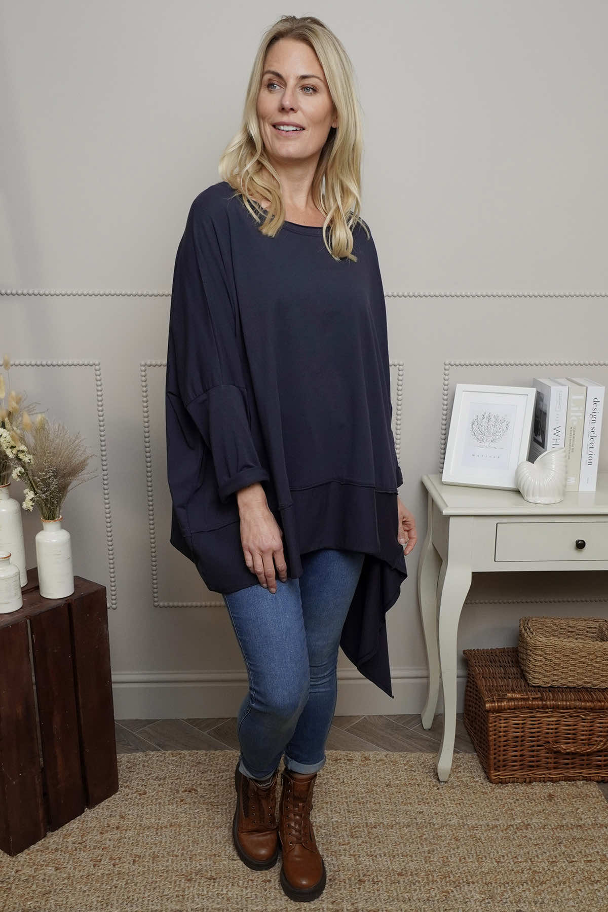 Margie Dip Side Cotton Top Navy