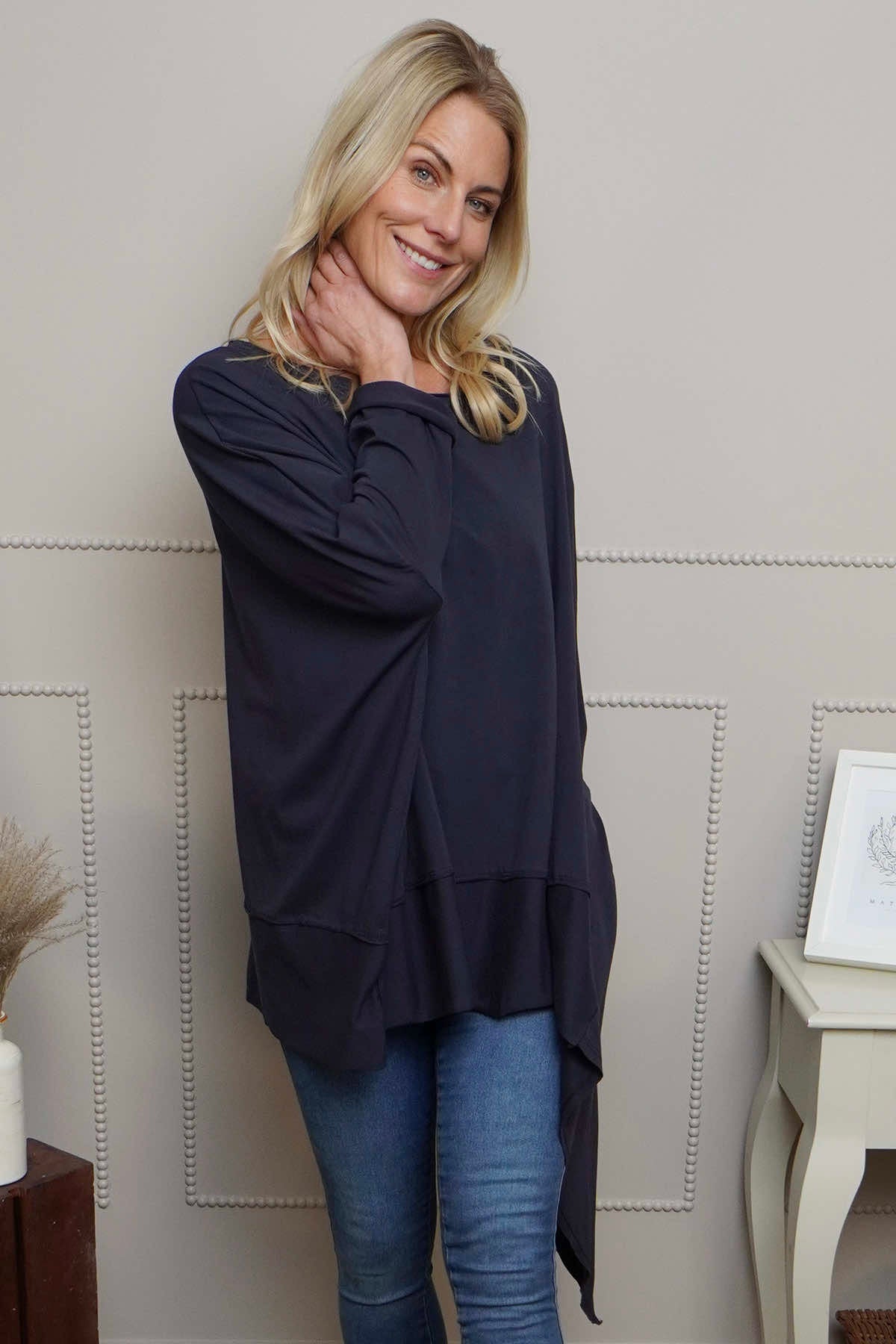 Margie Dip Side Cotton Top Navy