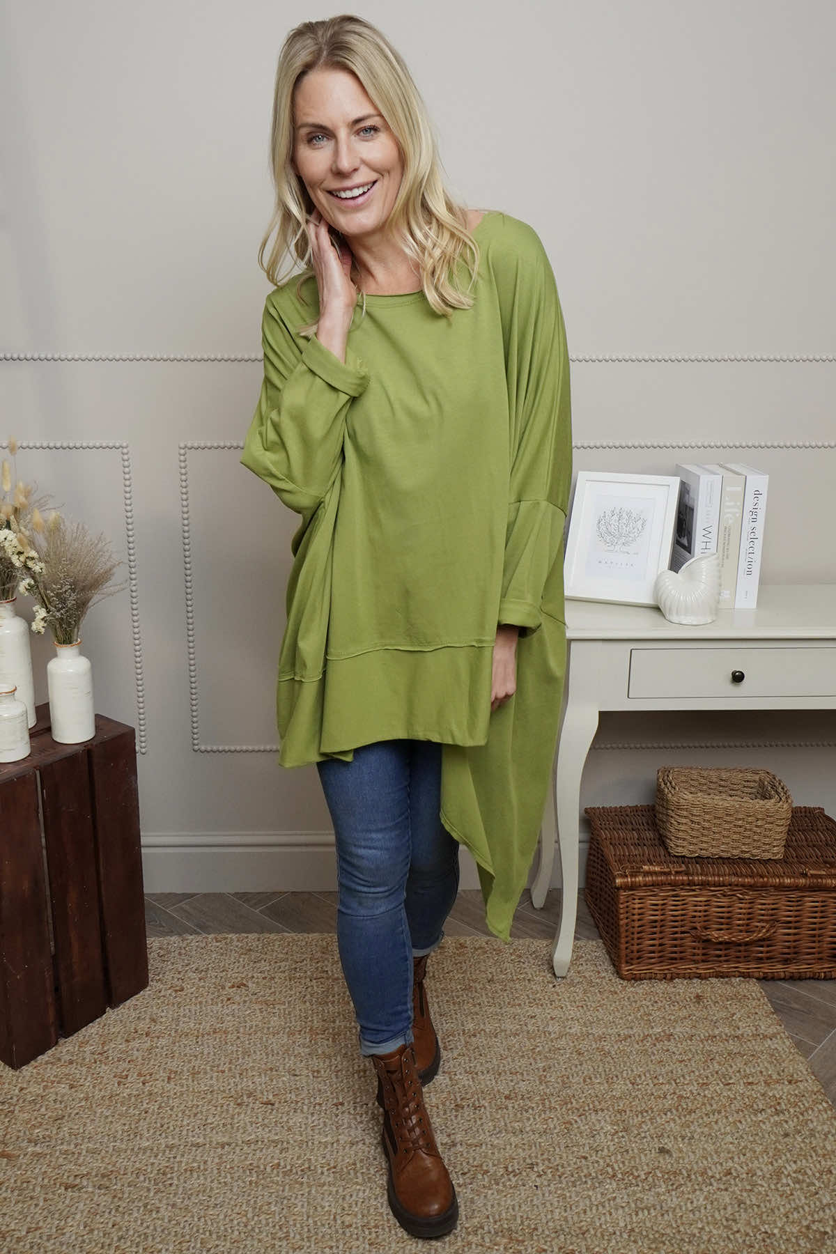 Margie Dip Side Cotton Top Green