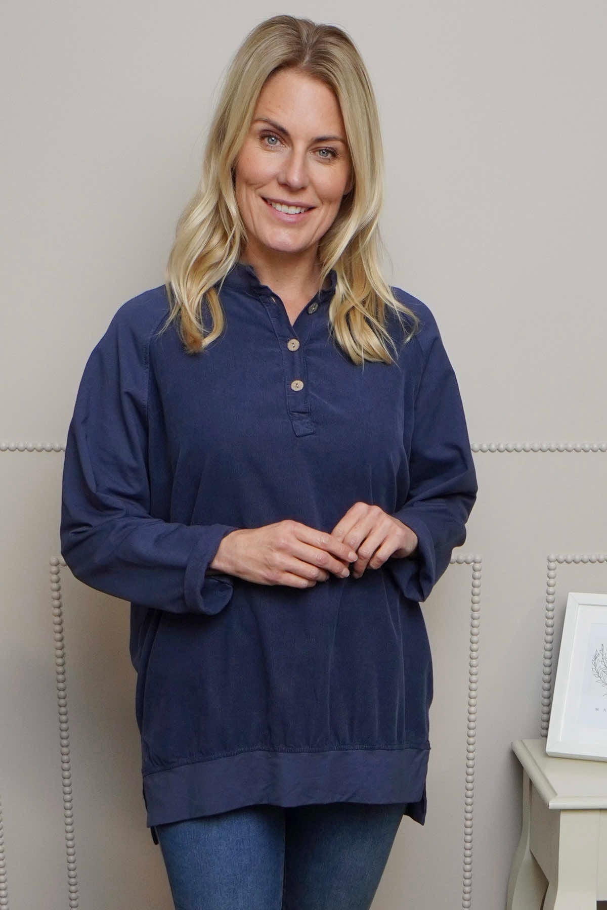 Nyree Button Cotton Top Navy
